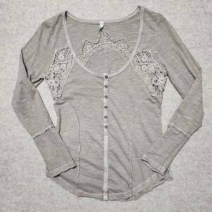Free People Womens Long Sleeve Button and Crochet Detail Top Size L $68